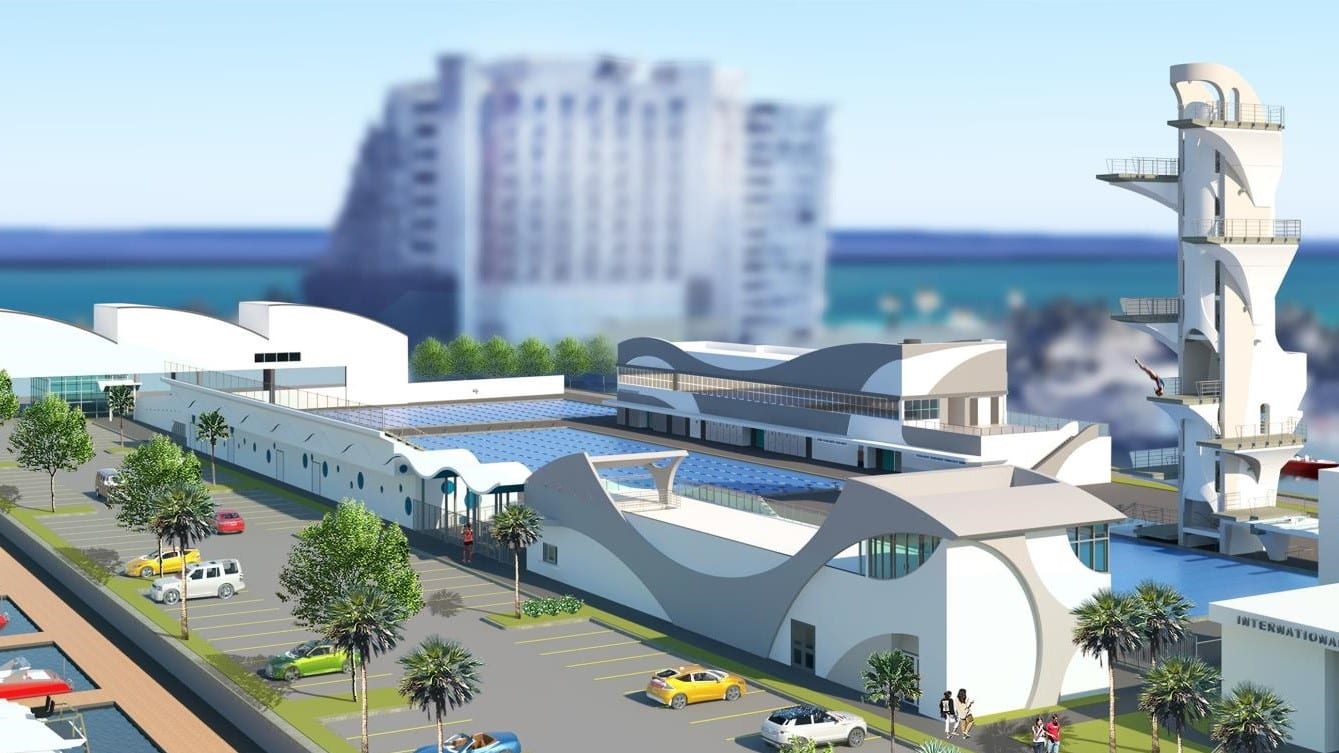 rendering of the fort lauderdale aquatic center and 27 meter dive tower