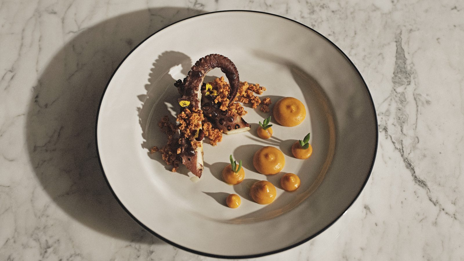 OLIVE WOOD SMOKED OCTOPUS (GF) Vadouvan Carrot Puree, Carrot Crumble